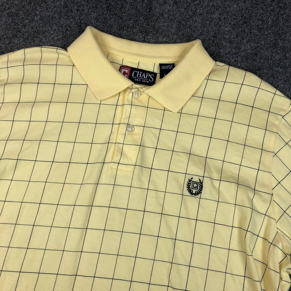 Chaps Mens Size L Large Yellow Grid Pattern Short Sleeve‎ Polo Shirt Golf Casual